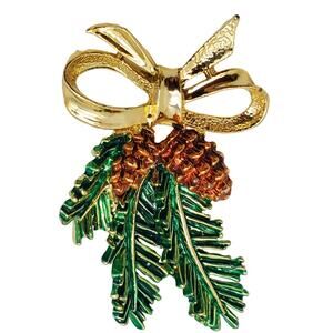 Gerrys Pinecone Brooch Green Brown Enamel Holiday Winter Pin Bow Christmas Vtg